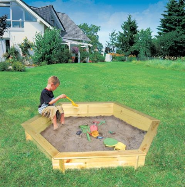 6 eck Sandkasten "Fynja"  mit weißer Abdeckplane - natur - imprägniert